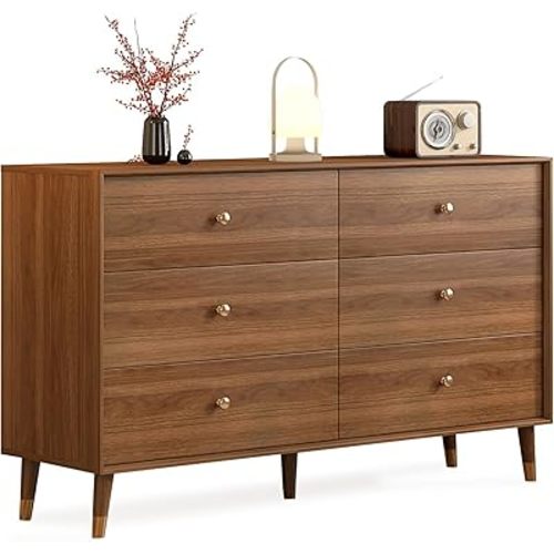 Dresser for Bedroom, Mid Century Modern 6-Drawer Solid Wood Chest, 47 Inch Walnut Finish, Heavy-Duty Drawer Glides, Storage Cabinet for Living Room, TV Stand (Brown, 47.2)
