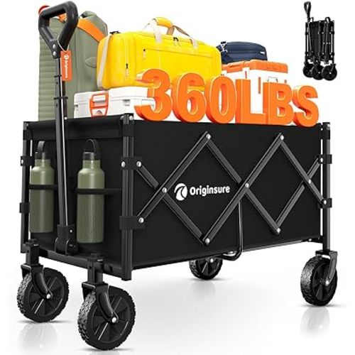 Collapsible Wagon Cart Foldable - Portable Heavy Duty Folding Beach Wagons with Wheels - Outdoor Utility Carts for Groceries, Shopping, Camping, Sports, Garden with Large Capacity - Black