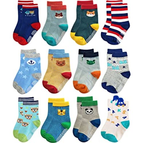 RATIVE Non Skid Anti Slip Crew Socks With Grips for Baby Infant Toddlers Kids Boys