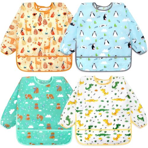 Accmor 4 Pack Long Sleeve Bibs, Baby Smock Waterproof Sleeved Bib Smock for Baby Toddler 6-36 Months