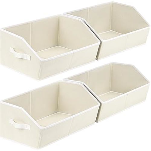 Cube Storage Organizer - Large Bins with Handle, Trapezoid Organizing Baskets for Shelves, Decorative Storage Baskets for Clothes, Blankets, Books, 4 Pack, Beige