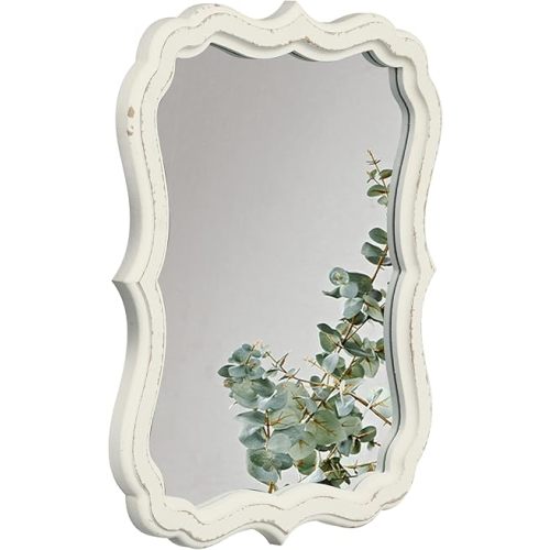Rustic White Small Scalloped Wall Mirror 12" x 15", Mirror Wall Decor, Decorative Wall Mounted Mirrors, Bathroom Mirrors for Vanity, Distressed Finish Vintage Wall Mirror for Living Room