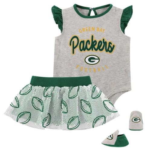 Green Bay Packers Girls Infant All Dolled Up Three-Piece Bodysuit, Skirt & Booties Set - Heather Gray/Green
