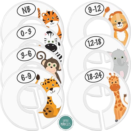 Baby Closet Size Dividers - 7X Safari Nursery Closet Dividers for Baby Clothes - Elephant Giraffe Zebra Lion Monkey Cheetah Nursery Decor - Baby Closet Dividers for Boy or Girl - [Safari] [White]