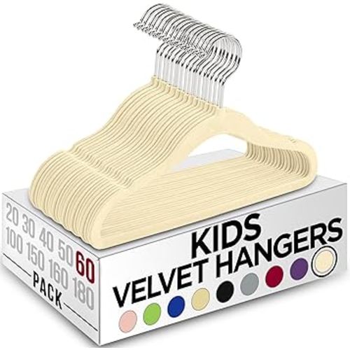 Kids Hangers Velvet (60 Pack) - 11 Inch (Ivory)