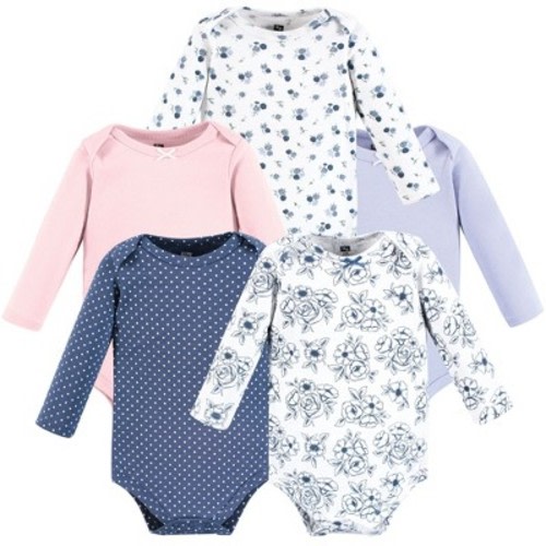 Hudson Baby Infant Girl Cotton Long-Sleeve Bodysuits, Blue Toile 5-Pack, Size: 0-3 months
