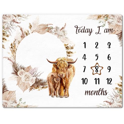 Boho Floral Baby Monthly Milestone Blanket Neutral Bohemian Photo Prop Blanket Personalized Highland Cow Baby Present Pampas Grass Ideas for Newborn Nursery Decor (Brown, Highland Cow)