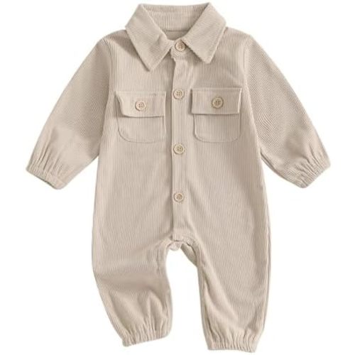 Karuedoo Newborn Baby Boy Girl Clothes Corduroy Long Sleeve Button Up Romper Jumpsuit Collared Bodysuit Fall Winter Outfit