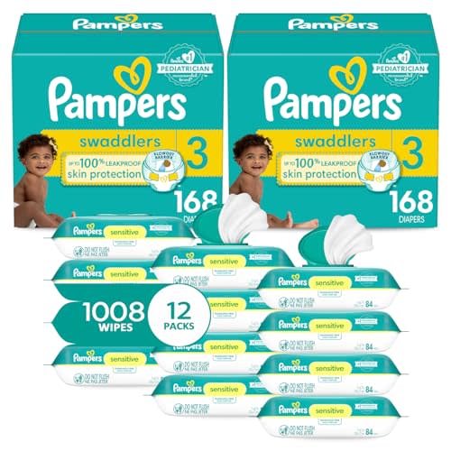 Pampers Swaddlers Disposable Baby Diapers Size 3, 2 Month Supply (2 x 168 Count) with Sensitive Water Based Baby Wipes 12X Multi Pack Pop-Top and Refill (1008 Count)