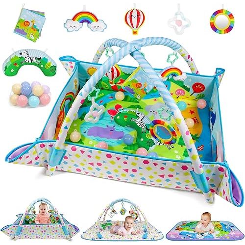 Dr.Rapeti Baby Play Gym Mat Animal Planet with Ball Pit Activity Gym Center Tummy Time Mat Thickened Mat Sensory Exploration Motor Skill Development for Newborn Infant Baby Toddler