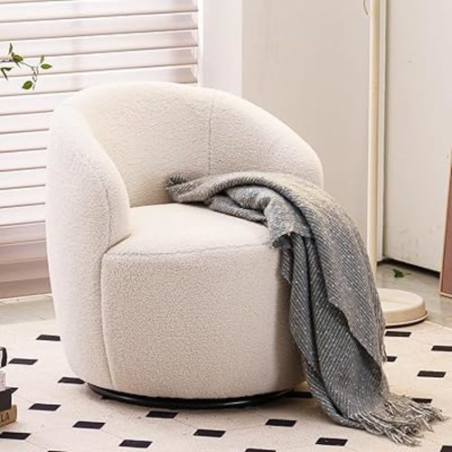 FOXHUNTER Swivel Barrel Chair, 360° Small Single Sofa Armchair Comfy Round Sofa Chair, Boucle Chairs Padded Armchair, Modern Round Accent Arm Chairs for Living Room Bedroom, Teddy Ivory