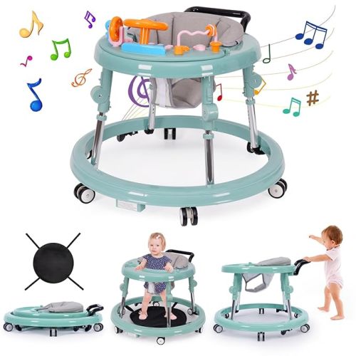Music and Lights Baby Walker Foldable with 9 Adjustable Heights, Baby Walker with Wheels Portable, Baby Walkers and Activity Center for Boys Girls Babies 7-18 Months (New-Green)