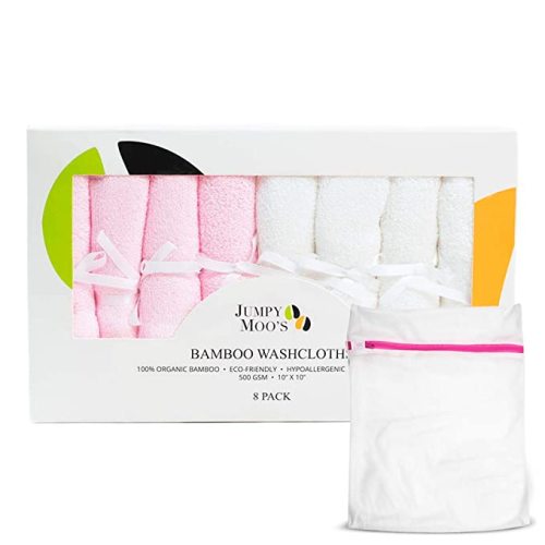 Jumpy Moo's Baby Washcloths - 100% Rayon from Bamboo, Ultra Thick 10x10 inches, Gentle on Delicate Skin, Perfect Baby Shower Gifts for Girls and Boys, includes Giftbox & Laundry Bag - Pink & White - 8 Pack