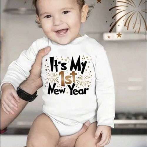 Baby Triangle For Boys Girls, Happy New Year Fireworks Letter Print Newborn Cute Long Sleeve Outdoor Jumpsuit
