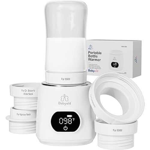 Portable Bottle Warmer, Fast Heating Bottle Warmer with 4 Adapters, 4 Gears Temperature Smart Control Bottle Warmer, Cordless Trval Baby Bottle Warmer for Breastmilk or Formula, Pearl White