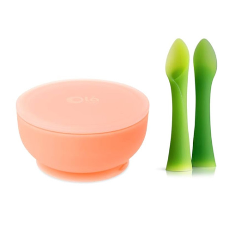 Olababy 100% Silicone Soft-Tip Training Spoon and Suction Bowl with Lid Bundle