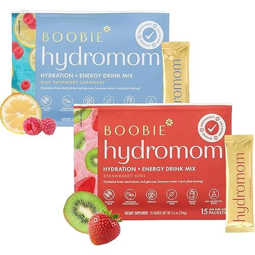 Boobie Hydromom Superfood Electrolyte Drink Mix, Strawberry Kiwi + Blue Raspberry Lemonade | Refreshing Energy, Hydration Boost | On-The-Go Travel Essential for Pregnancy, Lactation, & Beyond - 2 Pack
