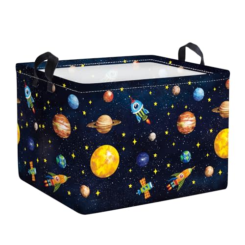 Clastyle Black Outer Space Planet Shelf Basket Cosmic Rocket Stars Toy Nursery Storage Bin Foldable Rectangle Clothes Books Storage Cube