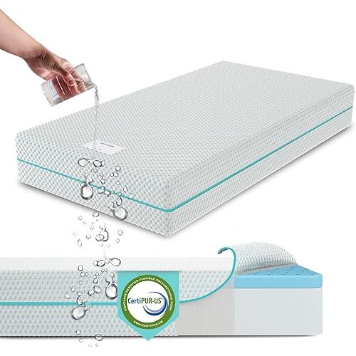 Sleepah Crib Mattress Dual Sided Cooling Memory Foam (52" 28" 5.5") Waterproof Washable Breathable Certipur Certified Firm for Babies & Softer for Toddlers Fits Toddler Beds & Standard Cribs (Blue)
