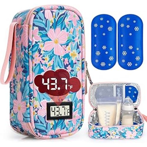 SUNMON Breast Milk Cooler Bag with Real-Time Temperature Display, Portable Travel Breastmilk Storage Case, Includes 2 Reusable Ice Packs, for Pumping Moms on The Go (Pastel Flowers)