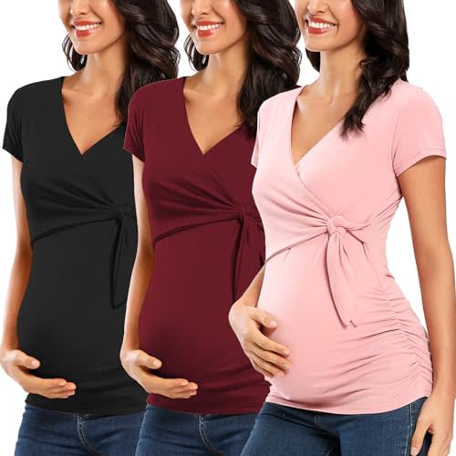 Ecavus Women's Maternity Shirts 3 Packs Short Sleeve Tie Front Wrap Pregnancy Tops V Neck Mama Clothes