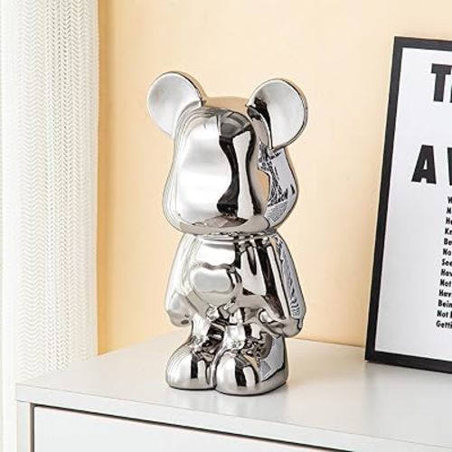 Yundu Ceramic Piggy Bank for Kids and Adults - Coin Bank for Girls and Boys - Silver Love Bear Decoration - Modern Décor, Hypebeast Room Décor - Gifts for Birthdays