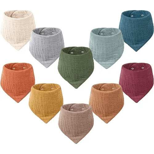 Konssy 10 pack baby muslin bandana bibs for drooling and teething | 100% Organic Cotton Bibs for Boy Girl, Soft Absorbent 6-Layer Thick Cloth, Pre-Washed Less Shrinkage, Newborn Infant Toddler