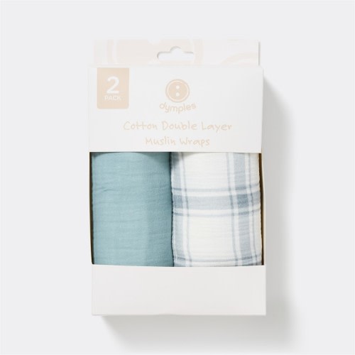 Dymples Cotton 2 Layer Muslin Wrap 2 Pack - Blue Check