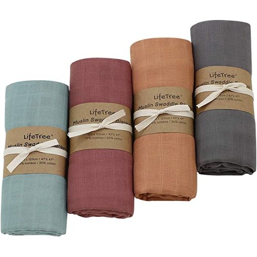 LifeTree Muslin Swaddle Blankets, Soft Solid 4 Pack Baby Swaddle Blankets Muslin Receiving Blanket Wrap for Boys & Girls, Large 47 x 47 inches, Earthy Rust Color Baby Swaddling - Style 1