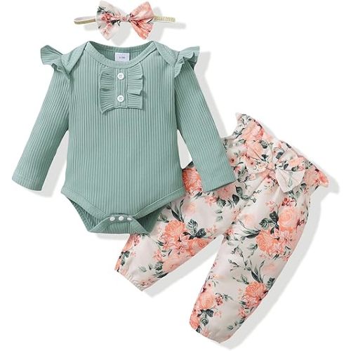 Mioglrie Newborn Infant Baby Girl Clothes Romper Pants Set Cotton Floral Outfits Baby Clothes for Girls