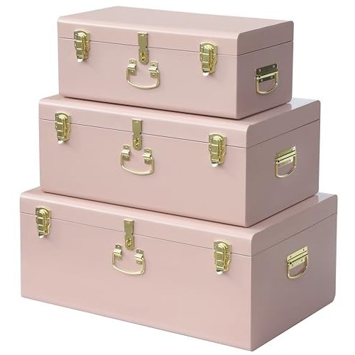 Vixdonos Decorative Box Set of 3 Metal Trunks Chest with Safety Lock Clasp for Treasure Organization and Home Dorm Decor,26.8x16.5x11Inches
