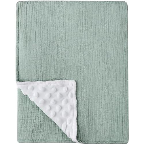 Baby Muslin Blankets for Boys & Girls, Nursery Blankets with Muslin Cotton Front and Dotted Fleece Backing Double Layer Bed Throws, Breathable and Lightweight Receiving Blankets, Green