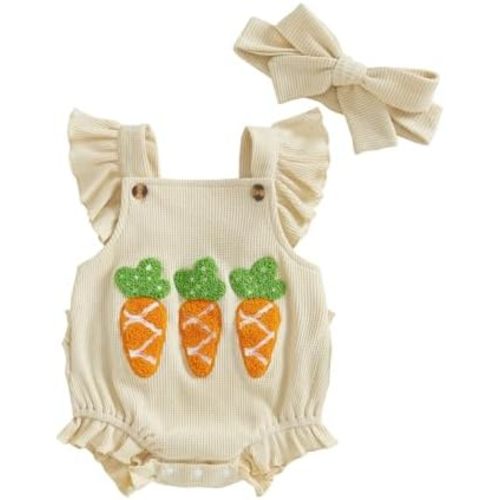 Lamuusaa Newborn Baby Girl Easter Outfit Carrot Embroidery Romper Waffle Ruffle Bodysuit Headband Summer Outfit 0-18M