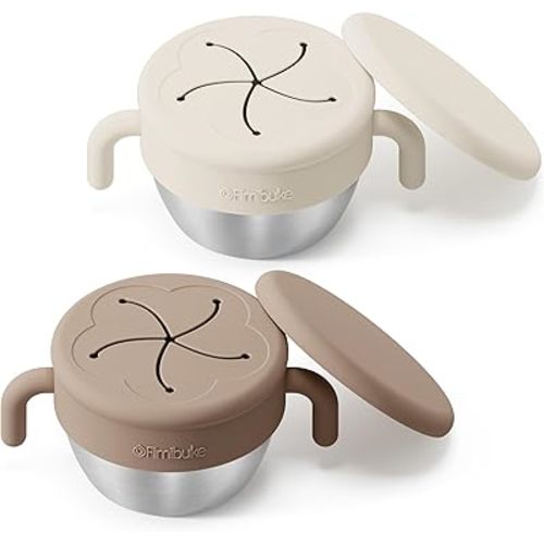Fimibuke Snack Containers for Toddlers Kids, 12 OZ Spill Proof Stainless Steel Baby Snack Cups with Removable Silicone Food Catcher, Handles & Travel Lid BPA-Free Dishwasher Safe Food Container 2 Pack