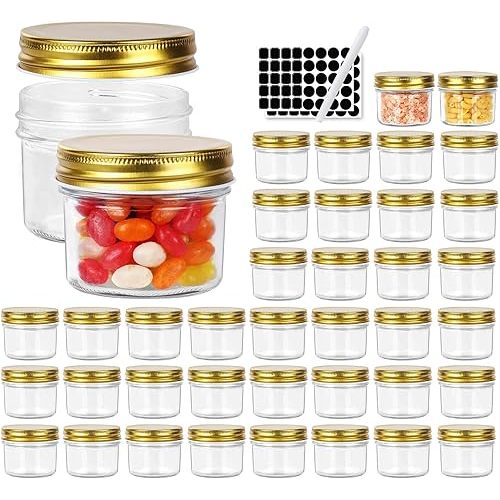 Betrome 4 oz Clear Glass Jars with Metal Golden Lids, Pack of 40, 100ml Round Canning Jars,Ideal for Spices, Herbs, Honey, Jam, Wedding Favors