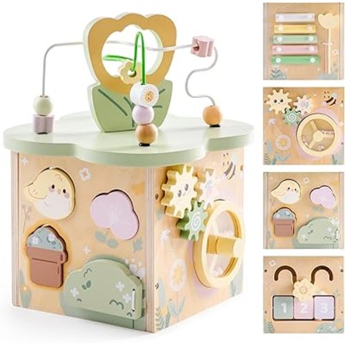 ROBUD Wooden Activity Cube, Educational Wooden Toys with 7 Functional Areas, Montessori Toys for 1+ Year Old Boys & Girls, Flower Bush Theme