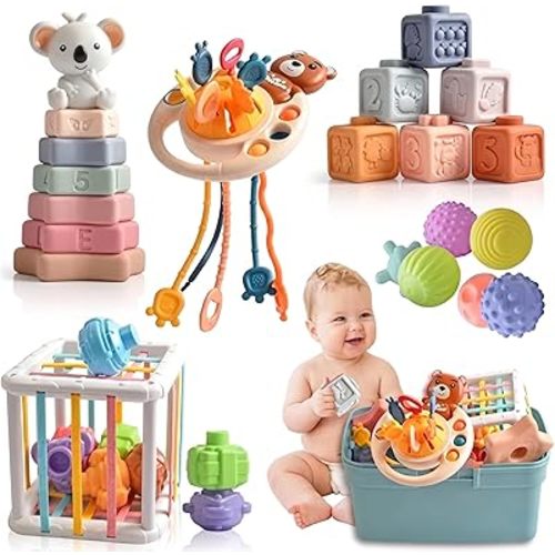 Baby Montessori Sensory Toys, Travel Stroller Infant Toy, 6-in-1 Pull String Activity Toy, Koala Stacker, Soft Blocks & Textured Balls for Babies 6+Months for Fine Motor Skills