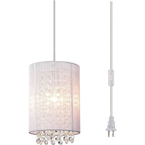 LaLuLa Hanging Lamp Plug in,Plug in Crystal Chandelier Easy to Install,White Small Pendant Light 1 Light for Girls Bedroom,Nursery,Vanity,Playhouse,Corner,Bathroom