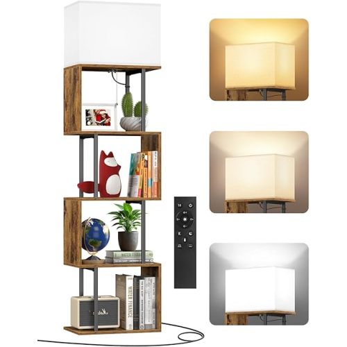 5-Tier Floor Lamp with Shelves & Remote, Dimmable S-Shaped Bookshelf with 3 Color Temperature, 1-Hour Timer, Tall Corner Standing Lamp for Living Room, Bedroom, Office (Rustic Brown)