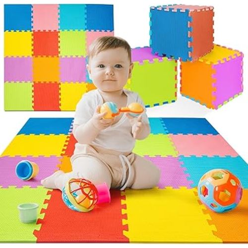TOYVELT Foam Puzzle Floor Mat for Kids - 12x12 16 Tiles Interlocking Play Mat with Colors, Shapes, Alphabet, ABC, Numbers - Educational Large Puzzle Foam Floor Tiles for Crawling