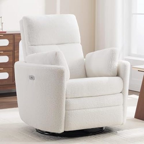 Nursery Swivel Glider Rocking Chair with USB Port,Upholstered Power Recliner with 2 Pillows,Adult Electric Recliner Rocking Chair for Living Room Bedroom (Beige Teddy, Power-Driven)