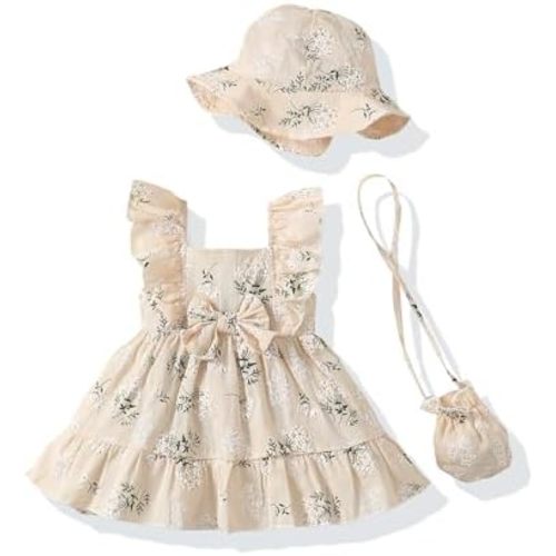 Renotemy Newborn Infant Baby Girl Dresses Summer Outfits Boho Casual Sundress Gifts Toddler Clothes for Girl with Hat and Bag