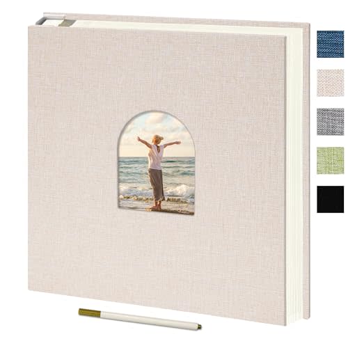 Vienrose 9.84x9.06 Inch Self-Adhesive Photo Album Linen Cover Arch Window Scrapbook Album 40 Pages Blank Inner Page Memory Book with A Metallic Pen, Beige