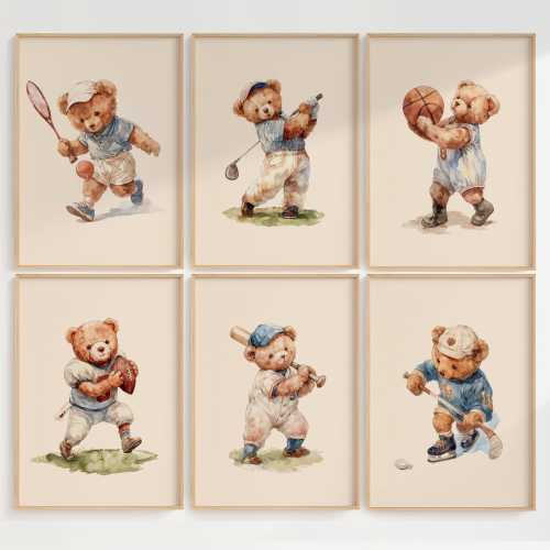Set of 6 Vintage Teddy Bear Sports Wall Art, Babyshower Gift Boy, Watercolor Illustrations, Sports Nursery Theme Decor for Kids Room