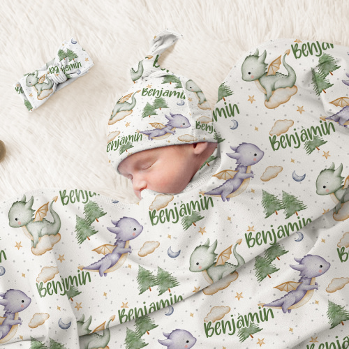 Personalized Cute Cartoon Dragon Forest Receiving Blanket Swaddle Hat Headband Set with Name Coming Home Outfit Baby Shower Gift for Newborns - CALLIE