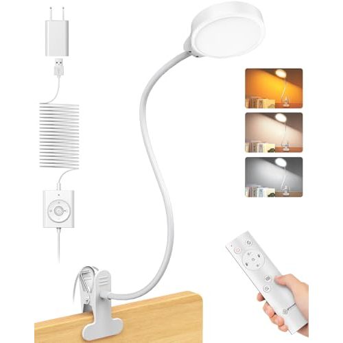 Glocusent Brighter Clip on Lamp with Remote, Eye-Caring Clip on Light for Bed Headboard, 3 Color & 5 Brightness Bed Lamp, 30-Min Auto-Off Timer, Reading Light with Adapter