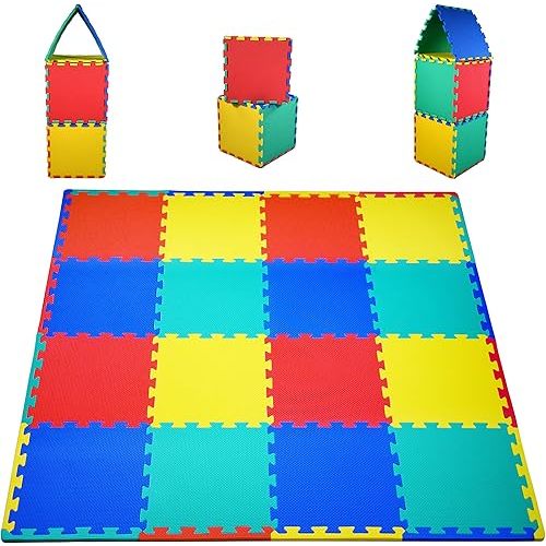 KC Cubs Soft & Safe Non-Toxic Children’s Interlocking Multicolor Exercise Puzzle EVA Play Foam Mat for Kids’ Floor & Nursery Room, 16 Tiles, 4 Colors, 11.5” x 11.5”, 24 Borders (EVA001)