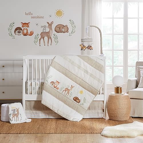Levtex Baby - Woodland Pals Crib Bed Set - Baby Nursery Set - Cream Taupe Brown Green - Woodland Friends - 5 Piece Set Includes Quilt, One Fitted Sheet, Wall Decal, Skirt/Dust Ruffle & Basket
