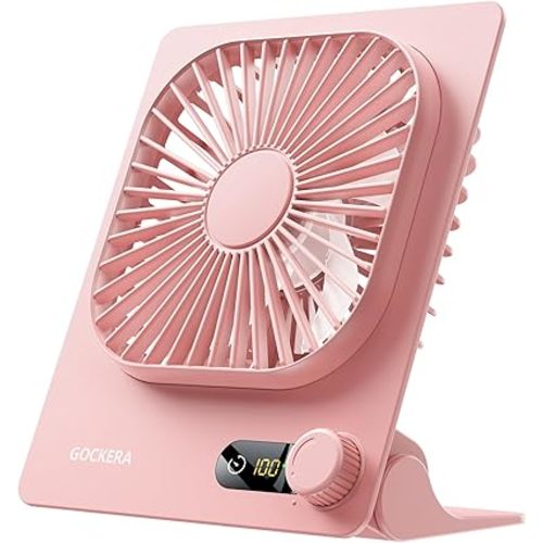 GOCKERA Desk Fan, 6.61''Ultra-thin Battery Powered Fan with Powerful Wind,100 Speeds Adjustable&Digital Display,Timer,Ultra-quiet Small Portable Fan for Bedroom,Office,Travel (Pink, 2000mAh)