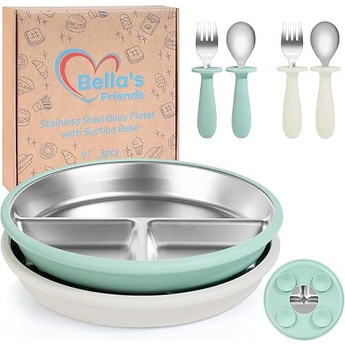 Baby Feeding Set| 2 Pack Stainless Steel Divided Suction Plate, 2 Set Toddler Spoons & Fork